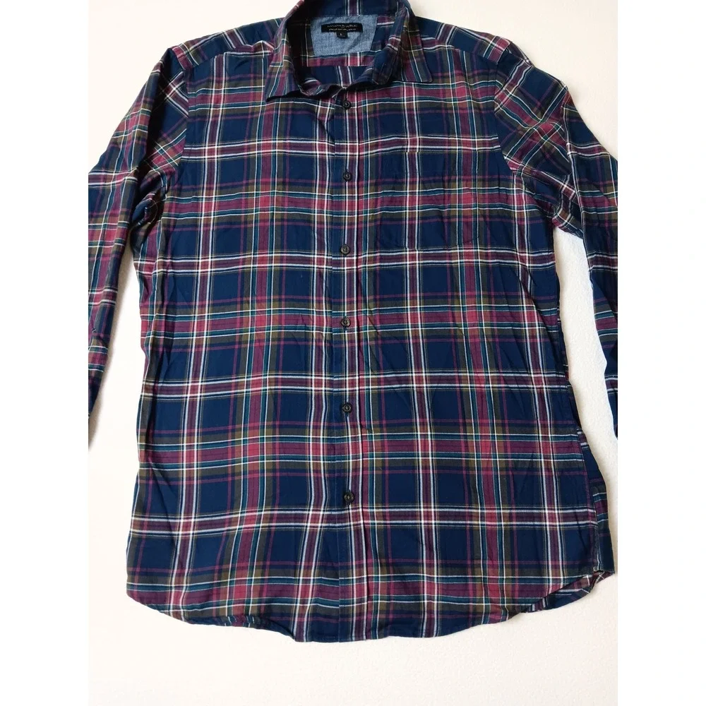 Banana Republic Mens Slim Fit Stretch Soft Wash Plaid Button Down Shirt Navy L